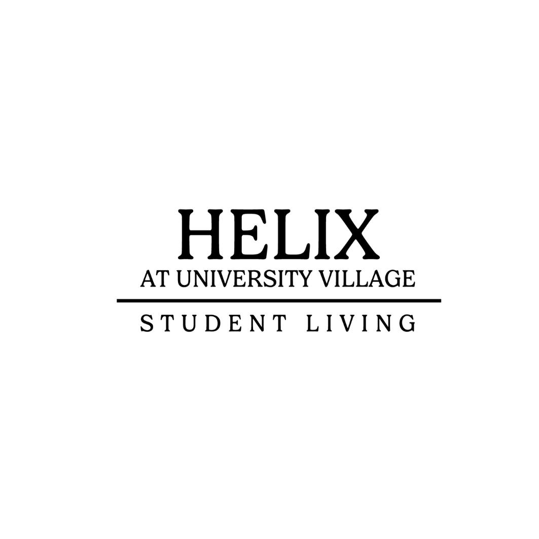 A black and white image of a logo for Helix at University Village Student Living.
